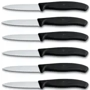 6 x Victorinox Paring & Vegetable Knife Pointed Tip Wavy Serrated Edge Black 8cm
