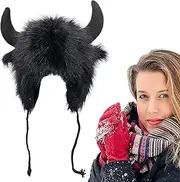 [BORATO] Bull Horn Hat,Plush Horn Hat - Winter Hats, Fluffy Ear Headwear for Men and Women for Animal Cosplay, Furry Hat for Outdoor