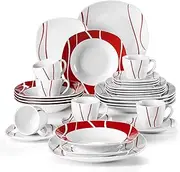 [MALACASA] Dinner Sets for 6 People, 30-Piece Red Stripes Porcelain Plates and Bowls Set with 6 Piece Dinner Plates/Dessert Plates/Soup Plates/Cups and Saucers, Service for 6, Series Felisa, Ivory White