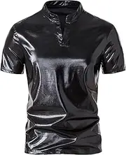 [AIEOE] Metallic Shiny Shirt Men's Glitter Henley Shirt 70s Disco Party Club Wear Slim Fit Night Club Casual Shirt S M L XL XXL/Short Sleeve/Long Sleeve