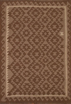 Geometric Kilim Wool Brown Carpet South-western Reversible Flat weave Rug 5x6