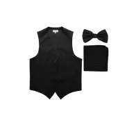 New Men's Formal Vest Tuxedo Waistcoat_bowtie & hankie set stripe wedding black