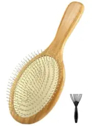 Wooden Paddle Detangling Brush Metal Bristle Hair Brush for Women and Men, An...