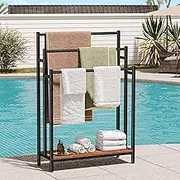 46" Extra Large Freestanding Towel Rack Stand for Bathroom, 3 Tier Blanket Ladder Holder, Outdoor Bath Towel Drying Rack with Shelf, Next to Tub or Shower, Quilt Rack, Rustic Brown Black