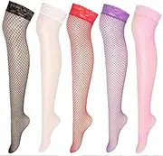 [Dress Cici] Fishnet Thigh High Stockings Hosiery, Nylon Hold Up Stocking Socks with Lace Edge (5 Pack)