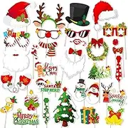Christmas Photo Booth Props - Christmas Photo Booth Props Kit | 30 Count Party Craft Backdrop Signs | Funny Selfie Posing Glasses Frames, Christmas Pose Sign Kits for Adults and Kids