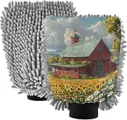XYMZR Harvest Sunflower Barn Absorbent Microfiber Car Wash Mitt, Funny Cute Anime Scratch Free for Cars Cleaning, Home Cleaning Mitts, 2 Pack, 10.24” L x 7.09” W