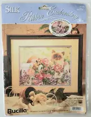 BUCILLA "KITTY ON FENCE" SILK RIBBON EMBROIDERY KIT *NEW*