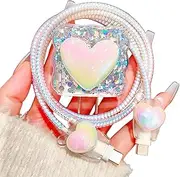 Cute Charging Cord Protector for iPhone Charger,Glitter Bling Waves Edge with 3D Love Heart Design,5in1 DIY Soft Cable Protector Data Cable Saver for Women Girls for iPad 18W/20W Charger Cover-White