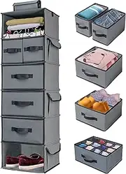 6 Shelf Hanging Closet Organizer,Clothing Storage Shelves with 5 Drawers and 3 Side Pockets,Suitable for Bedroom,Dorm,Nursery,Baby Clothes Storage and Organization