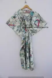 Women Cotton White Summer Sleepwear Beach Cover Monkey Print Long Caftan Dress