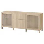 BESTÅ storage combination with drawers, white stained oak effect Lappviken/Sindvik/Stubbarp white stained oak eff clear glass, 180x42x74 cm
