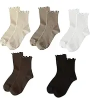 [Aikeis] 5 Pairs Women's Ankle Pleated Socks, Cute Round Neck Ruffle Socks, Cute Sailor Ruffle Socks, Low Cut Cotton Socks (Black, White, Light Coffee, Dark Coffee, Khaki), multicoloured, 50