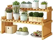 2-Tier Decorative Natural Bamboo Flower Pot Plant Display Stand Shelf Ladder Rack, Multifunctional Adjustable Layer Board Storage Rack, for Office Decorate Storage Rack, Kitchen Desktop Shelf