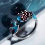 Silver Enamel Color Brocade Carp Ring Chinese Classical Minority Design Elegant