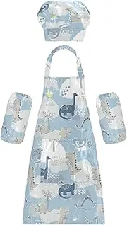 AIXIWAWA Kids Apron Chef Hat Set, Child Kitchen Bib Aprons Adjustable for Cooking Baking Painting (Blue Cute Dinosaur)
