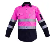 BigBEE Hi Vis Shirt Premium Light Weight Cotton Air Vents UPF 50+ LONG SLEEVE Reflective Tape - PINK/NAVY