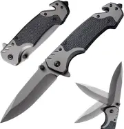 Folding Lock Knife Black Matt 8.5cm Blade 3in1 Multitool Tactical Glass Breaker