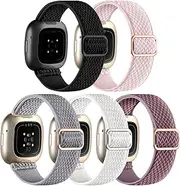 5-Pack Elastic Nylon Bands Compatible with Fitbit Sense Bands/Sense 2/Fitbit Versa 3 Bands/Versa 4 Band Women Men, Adjustable Stretchy Solo Loop Sport Strap for Fitbit Smart Watch Replacement