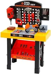 Keezi Kids Tool Set, 54pcs Pretend Play Toy Tools Workbench Station Hammer Drill Screw Kit Cardboard Screwdriver Toys Children Workshop Educational Bench Playset, with Rack Multicoloured