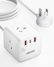 LENCENT Power Board with USB, PD 20W Fast Charging Cube, Power Outlet Extender with 3 AC Outlets, 2 USB A and 1 Type-C Ports, Surge Protector Power Strip for Home, Office, 1.65M Cable(White)
