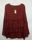 Suzanne Betro Ruffle Top Dark Red Plaid Womens Sz 1XL Rayon Blouse Read Measures