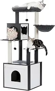 PAWZ Road 144CM Cat Litter Box Enclosure, Wooden House with Tree Tower, Hidden Washroom Furniture, Cabinet Black GC-AMT0167BK