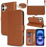 Cavor Flip Cover for iPhone 16 Case Leather Crossbody Wallet with Shoulder Lanyard Kickstand and Photo Holder Card Slots Protective Shockproof Phone Cases-Long Strap Light Brown