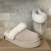 UGG DISQUETTE SAND BEIGE SUEDE FUR SLIDE PLATFORM SLIPPER SHOES SIZE 6 WOMEN