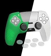 PlayVital Upgraded Silicone Cover Skin for ps5 Controller with 6 Thumb Grips & 2 Stickers, Compatible with Charging Dock, 3D Studded Anti-Slip Shockproof Controller Grip Case, Glow in Dark - Green