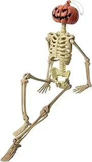 HABAGOU 16in Halloween Posable Skeleton Pumpkin Full Body Skeleton Decor with Movable Joints Spooky Hanging Ghost Skeleton for Yard Garden Lawn Haunted House Graveyard Props