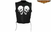 Men's Motorcycle Leather Vest w/ Side Laces & Reflective Skulls On Front & Back