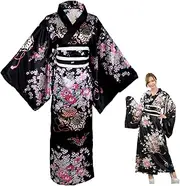 [Hemore] Kimonos for Women, Floral Pattern Japanese Yukata Dress with Belt, Comfortable Satin Bathrobe, Kimono Robes for Cosplay