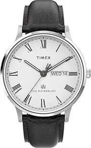 [Timex] Men's Waterbury Classic Day/Date 40mm Black Leather Strap TW2U88400 Dress Watch, White, 40mm
