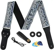 AUTOWT Guitar Strap, Vintage Embroidered Cotton Guitar Straps with Genuine Leather Ends for Bass Electric & Acoustic Guitars With Strap Locks Headstock buttoned Tie Headstock Lace Tie 3 Guitar Picks