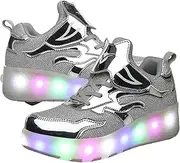 [RDJSHOP] LED Flashing Roller Skate Shoes Kids USB Charging LED Flashing Skating Shoes Double Wheels Inline Roller Skating Sneakers Boys Girls Technical Skateboarding Shoes,Silver-28