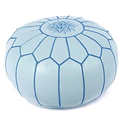 Genuine Leather Round Pouf Unstuffed - Moroccan Ottoman Footstool, Blue Sky