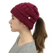 Nevenka Womens Beanie Hat with Ponytail Hole Warm Knit Cap-RedWine