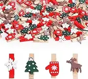 KIKISML 100 Pieces Christmas Wooden Clips, Xmas Decoration with 4 Styles, Christmas Tree, Gloves, Snowflakes, Elk