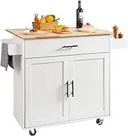 VEVOR Kitchen Island Cart with Solid Wood Top,90x39x89 cm Mobile Carts with Storage Cabinet,Rolling Kitchen Table with Spice Rack, Towel Rack, Drop Leaf and Drawer, Portable Islands on Wheels, White