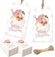 Whaline 100Pcs Merry Christmas Paper Gift Tags Pink Santa Claus Snowflake Blank Hanging Labels with Hemp Rope for Xmas Winter Holiday Present DIY Crafts