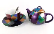 Tea Set For One Rainbow Checker Hand-Painted Teapot Teacup Saucer Spoon in Box