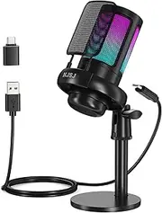 NJSJ USB Microphone for PC, Gaming Mic for PS4/ PS5/ Mac/Phone,Condenser Microphone with Touch Mute, RGB Lighting,Gain knob & Monitoring Jack for Streaming,Podcasting (with Desktop Stand, Black)