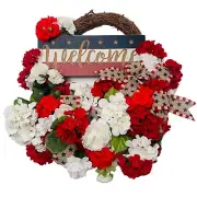 Home Decor Handcrafted Welcome Red White Blue July 4th Flower Ribbon Door Wreath
