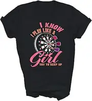 [SDVN] I Know I Play Like A Girl Try to Keep Up Funny Darts Dart Darting Dartboard Gift Unisex Shirt T-Shirt (Black;M)