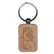 Mermaid with Wavy Hair Engraved Wood Rectangle Keychain Tag Charm