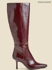 Sosandar Red Leather Square Toe Mid Heel Knee High Boots (AT6518) | $381