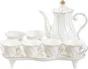 DUJUST 14 pcs Tea Set of 6 with Tea Tray & Spoons, Luxury British Style Tea/Coffee Cup Set with Golden Trim, Beautiful Porcelain Tea Set for Living Room Decor, Tea Party Set, Gift Package - White