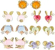 [LIFKOME] 7 Set Animal Head Ear Studs 18k Gold Plating Colorful Cubic Zirconia for Party and Wedding