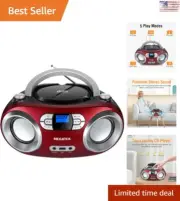 Portable CD Player Boombox - Clear Stereo Sound - Bluetooth - USB - Cherry Red